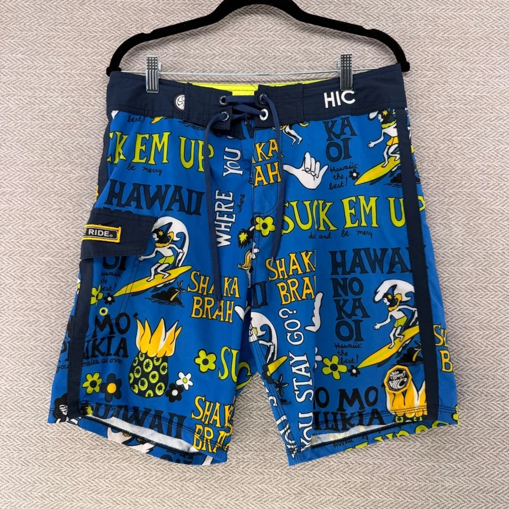 HIC Hawaiian Island Creations Board Shorts 31 Blue Polyester Spandex Surf Swim